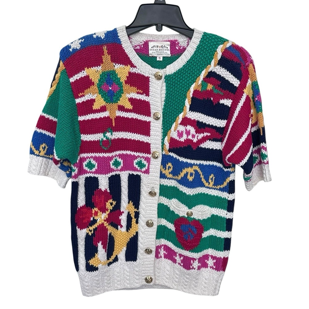 VTG 1991 Susan Bristol Nautical Button Up Sweater Short Sleeve Cardigan Sz Small